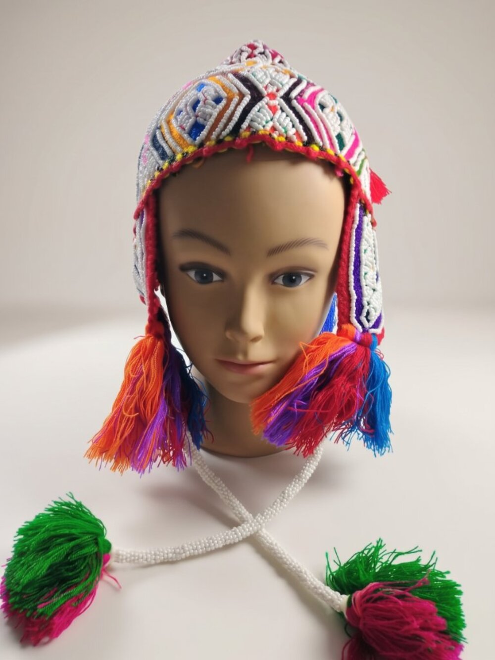 Traditional Andean Chullo Beanie – Multicolor with Seed Beads and Pom-poms – War